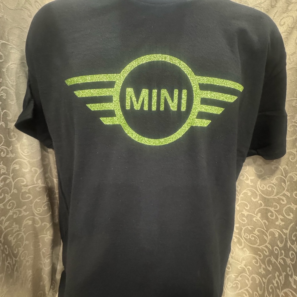 Black T with Green Glitter MINI Logo. Pick your size, S,M,L,XL